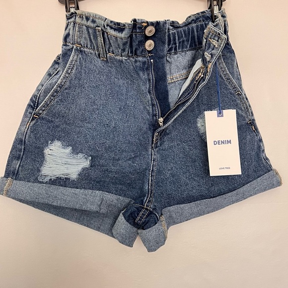 High Waisted Denim Shorts Elastic Waist Cuffed Hem Distressed Blue High Rise - Picture 4 of 7